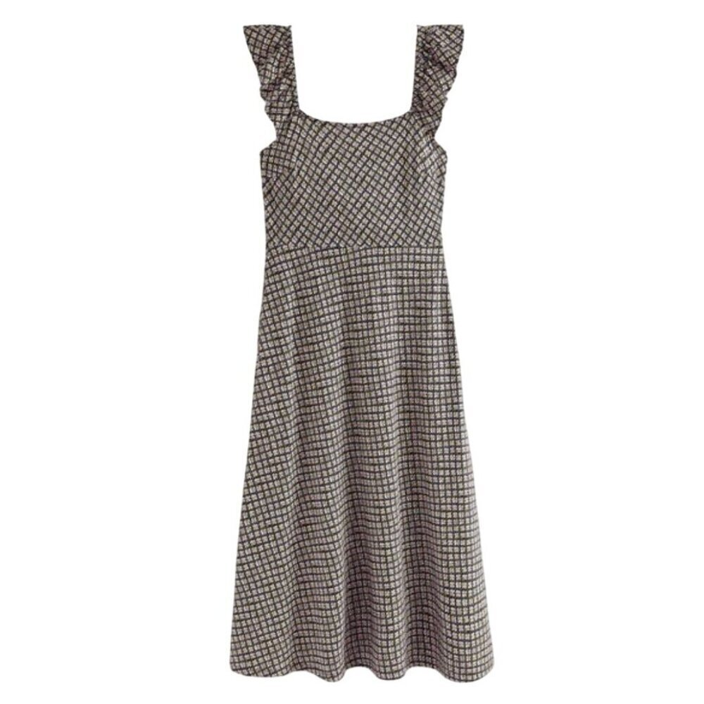 Boden Frill Detail Jersey Midi Dress 8 Petite Brown Houndstooth